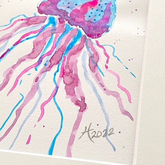 Pink Jelly - Original Wall Art Watercolor Painting Matted Frame Ready 8”x10” - Picture 4 of 6